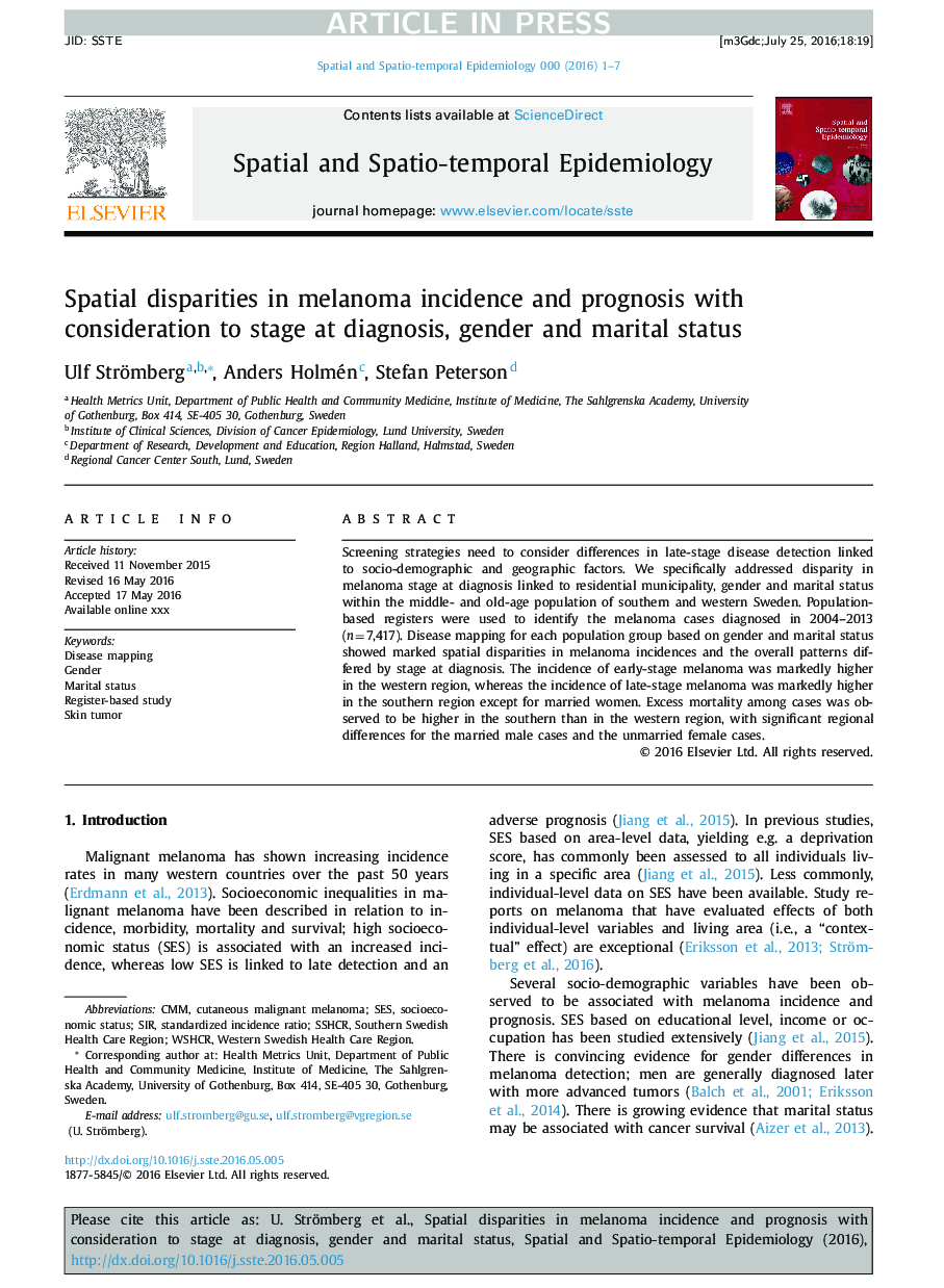 Spatial disparities in melanoma incidence and prognosis with consideration to stage at diagnosis, gender and marital status