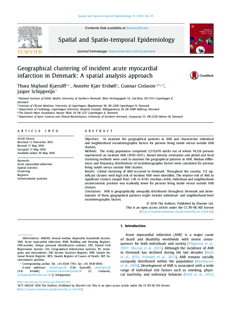 Geographical clustering of incident acute myocardial infarction in Denmark: A spatial analysis approach