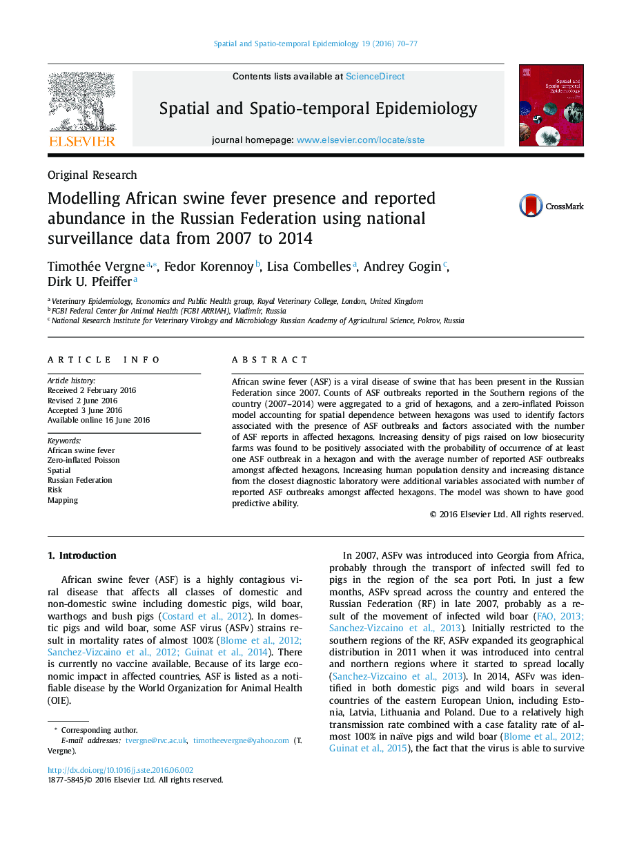 مدل سازی حضور تب افی آفریقایی و گزارش فراوانی در فدراسیون روسیه با استفاده از داده های نظارت ملی از سال 2007 تا 2014 