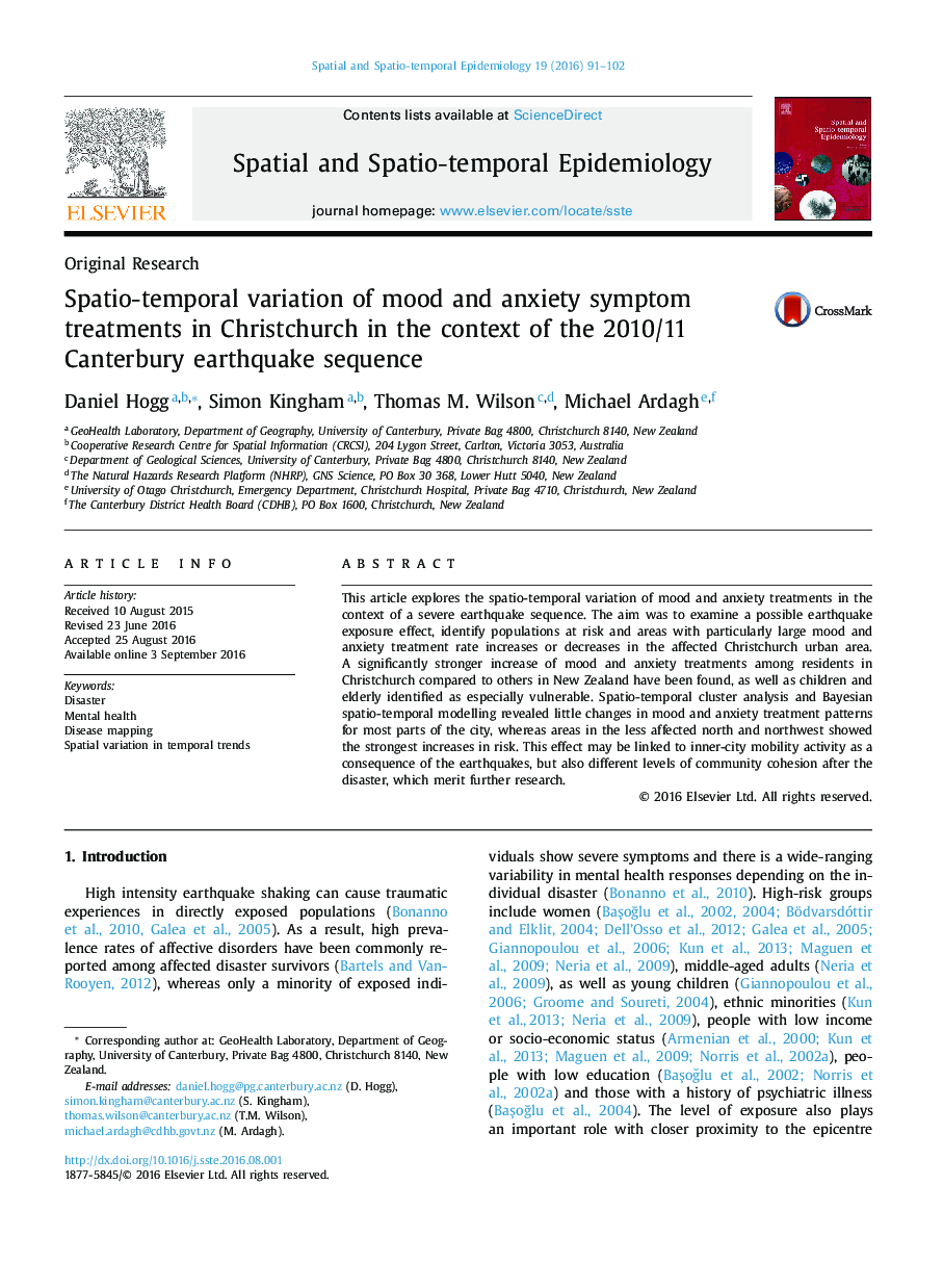 Spatio-temporal variation of mood and anxiety symptom treatments in Christchurch in the context of the 2010/11 Canterbury earthquake sequence