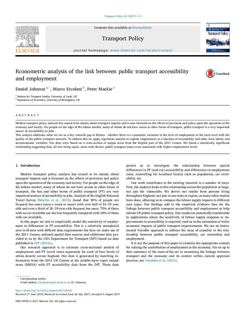 Econometric analysis of the link between public transport accessibility and employment