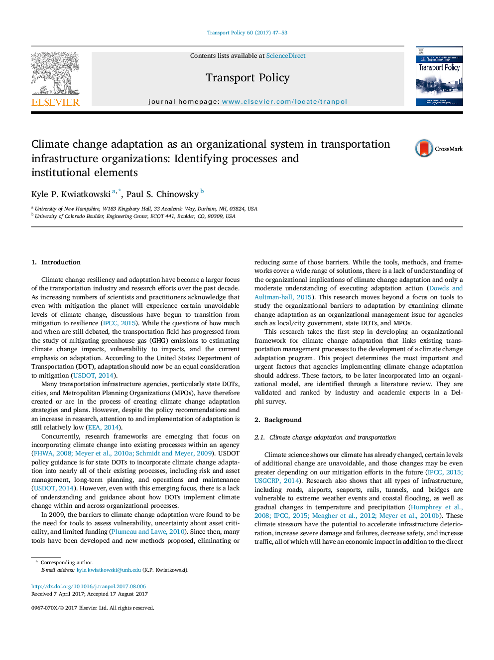 Climate change adaptation as an organizational system in transportation infrastructure organizations: Identifying processes and institutional elements