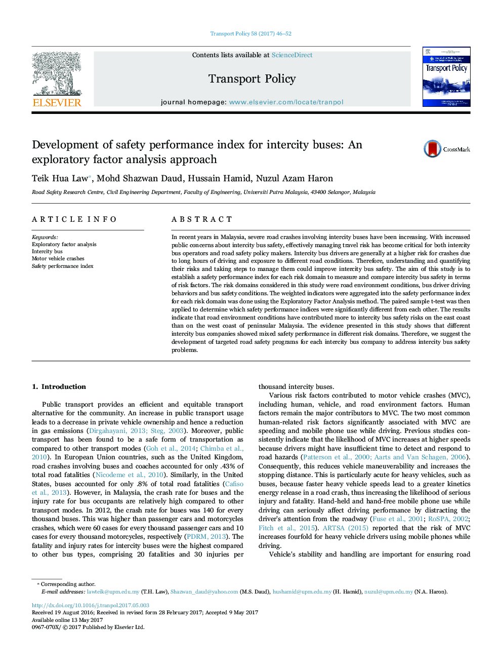 Development of safety performance index for intercity buses: An exploratory factor analysis approach