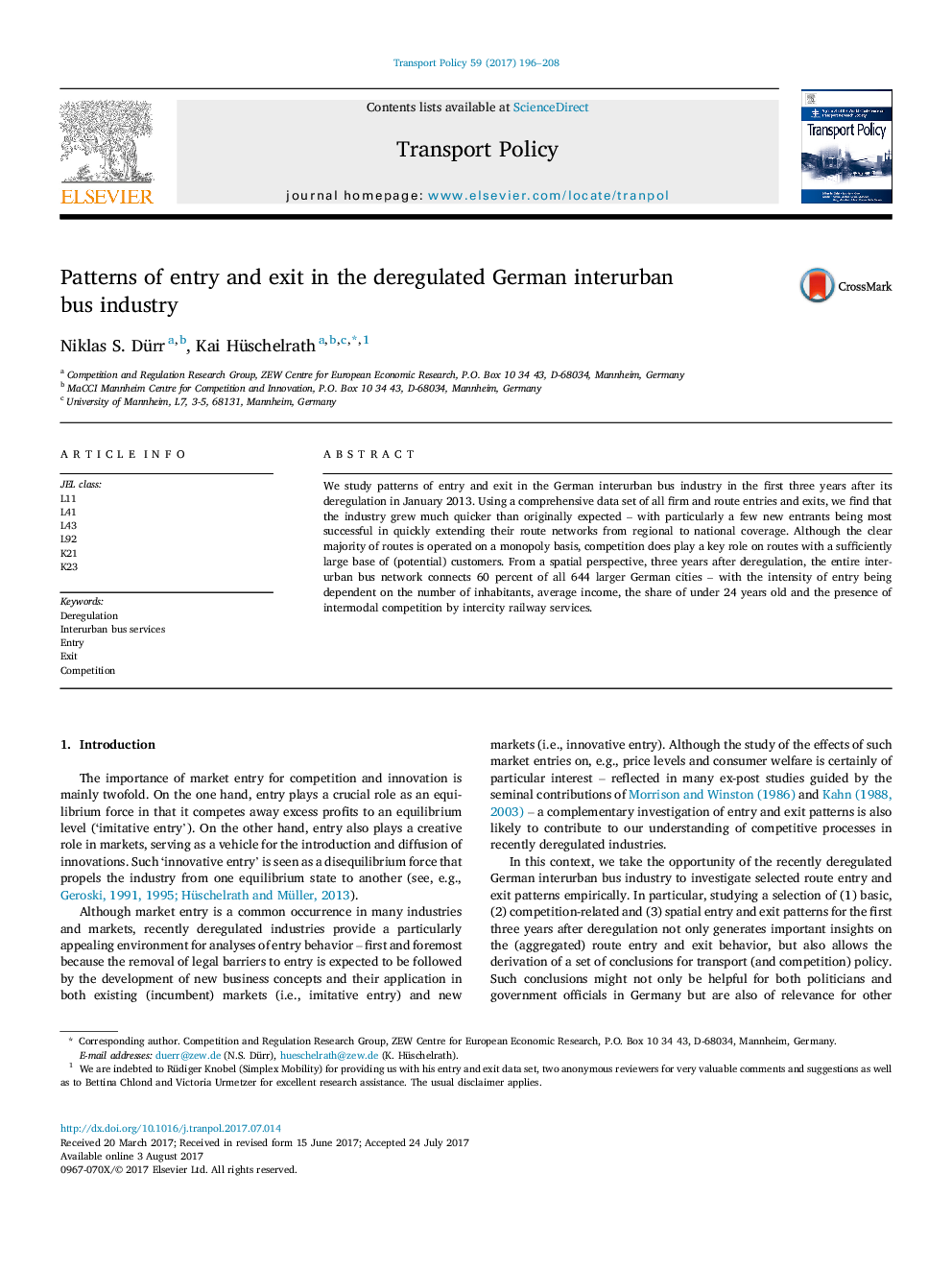 Patterns of entry and exit in the deregulated German interurban bus industry