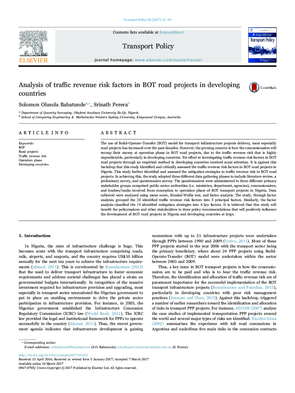 Analysis of traffic revenue risk factors in BOT road projects in developing countries
