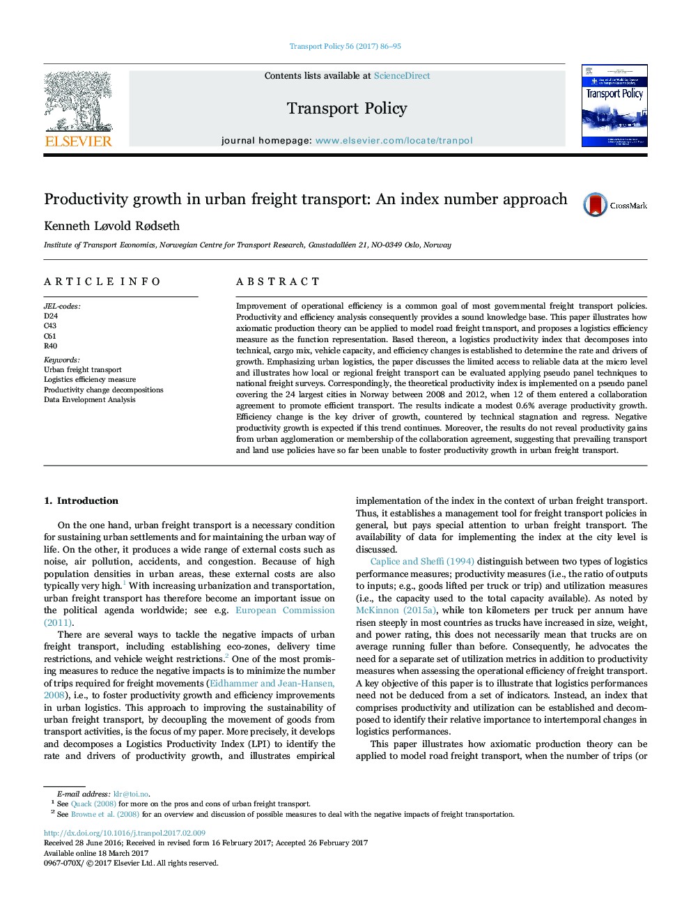 Productivity growth in urban freight transport: An index number approach