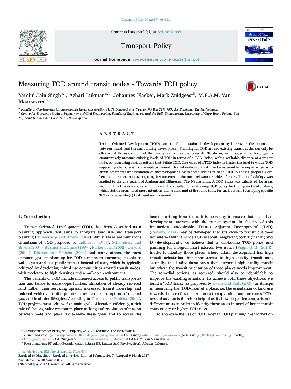 Measuring TOD around transit nodes - Towards TOD policy