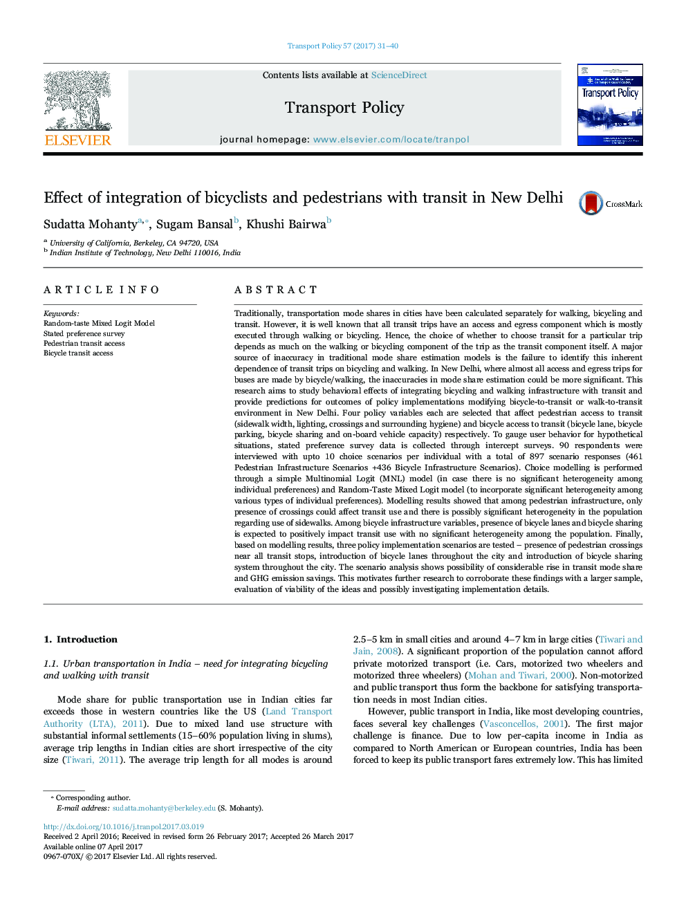 Effect of integration of bicyclists and pedestrians with transit in New Delhi