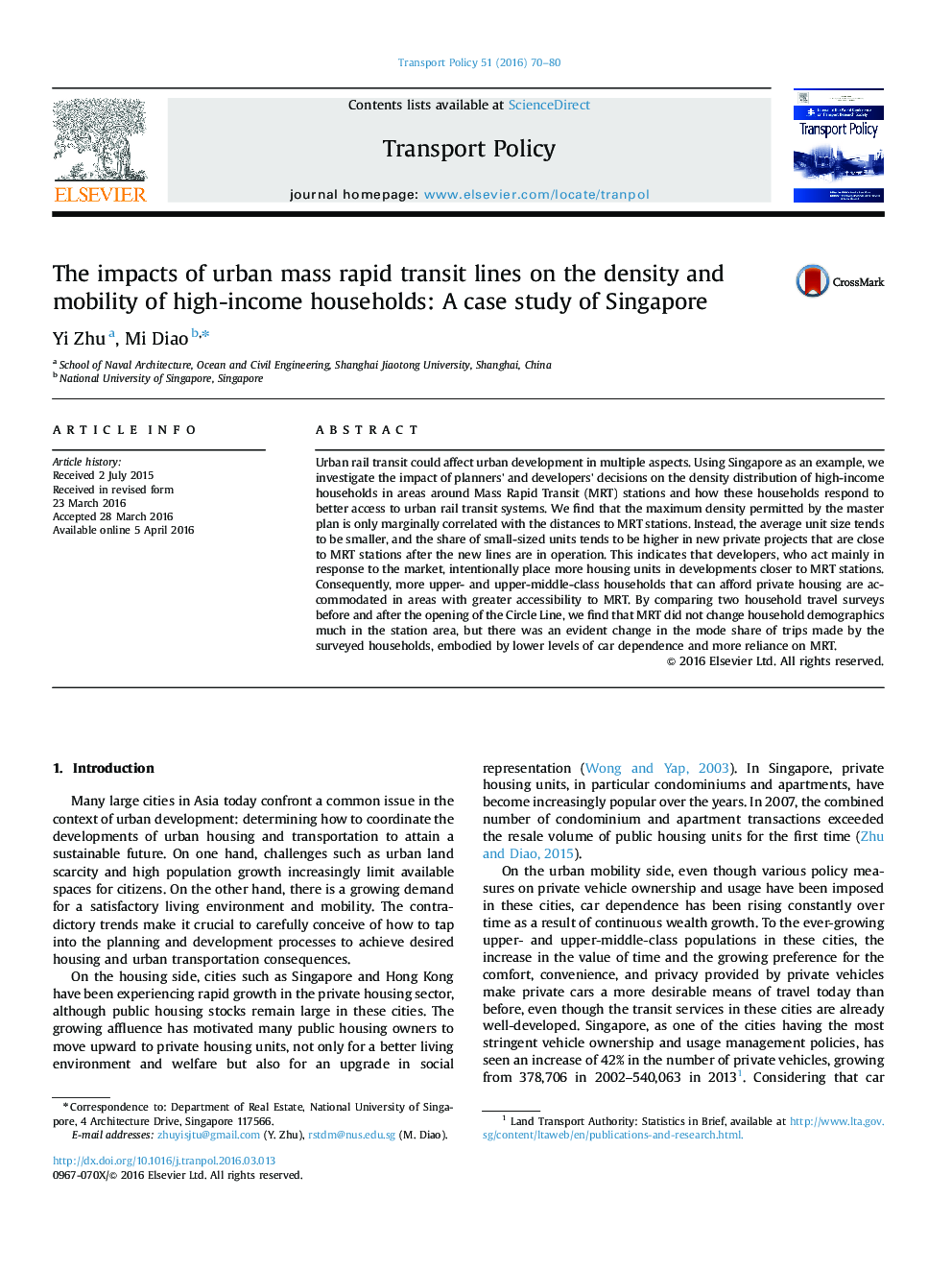 The impacts of urban mass rapid transit lines on the density and mobility of high-income households: A case study of Singapore