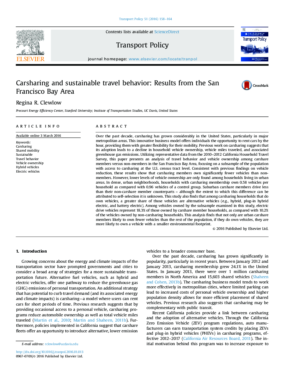 Carsharing and sustainable travel behavior: Results from the San Francisco Bay Area