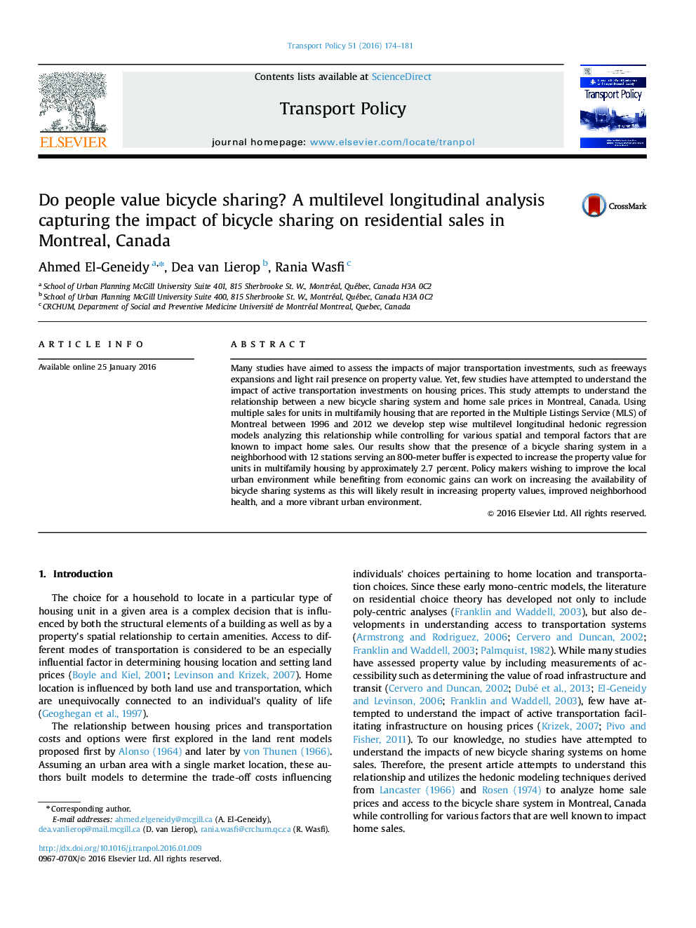 Do people value bicycle sharing? A multilevel longitudinal analysis capturing the impact of bicycle sharing on residential sales in Montreal, Canada