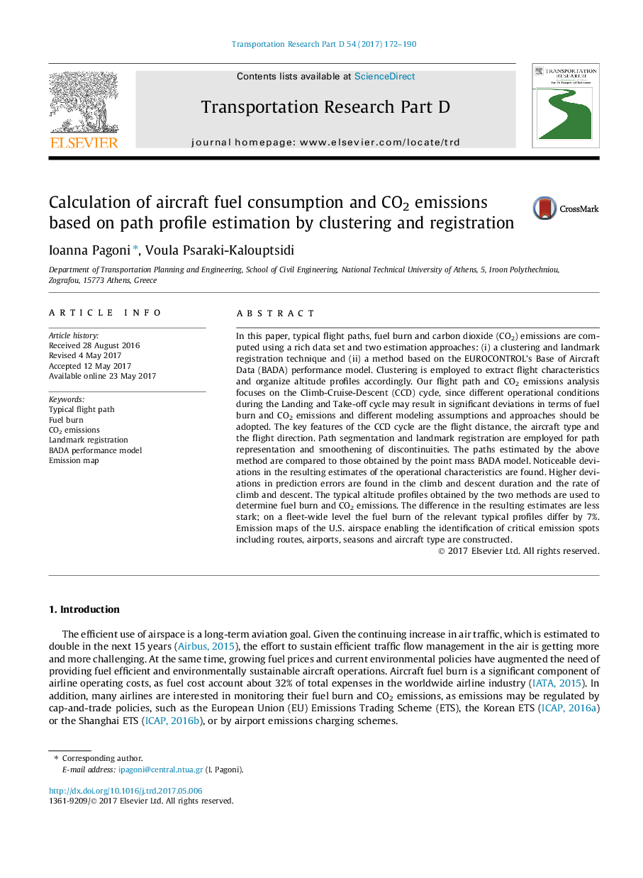 Calculation of aircraft fuel consumption and CO2 emissions based on path profile estimation by clustering and registration