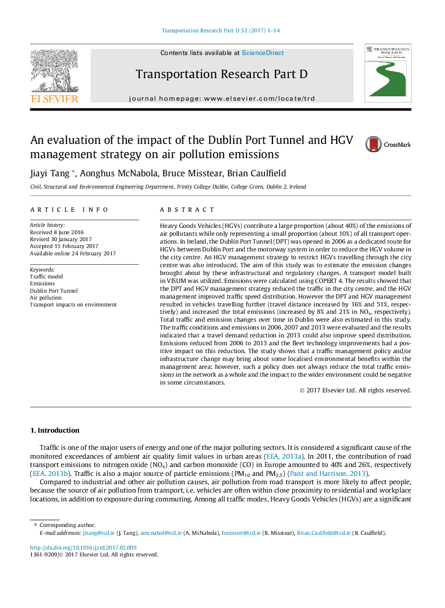 An evaluation of the impact of the Dublin Port Tunnel and HGV management strategy on air pollution emissions