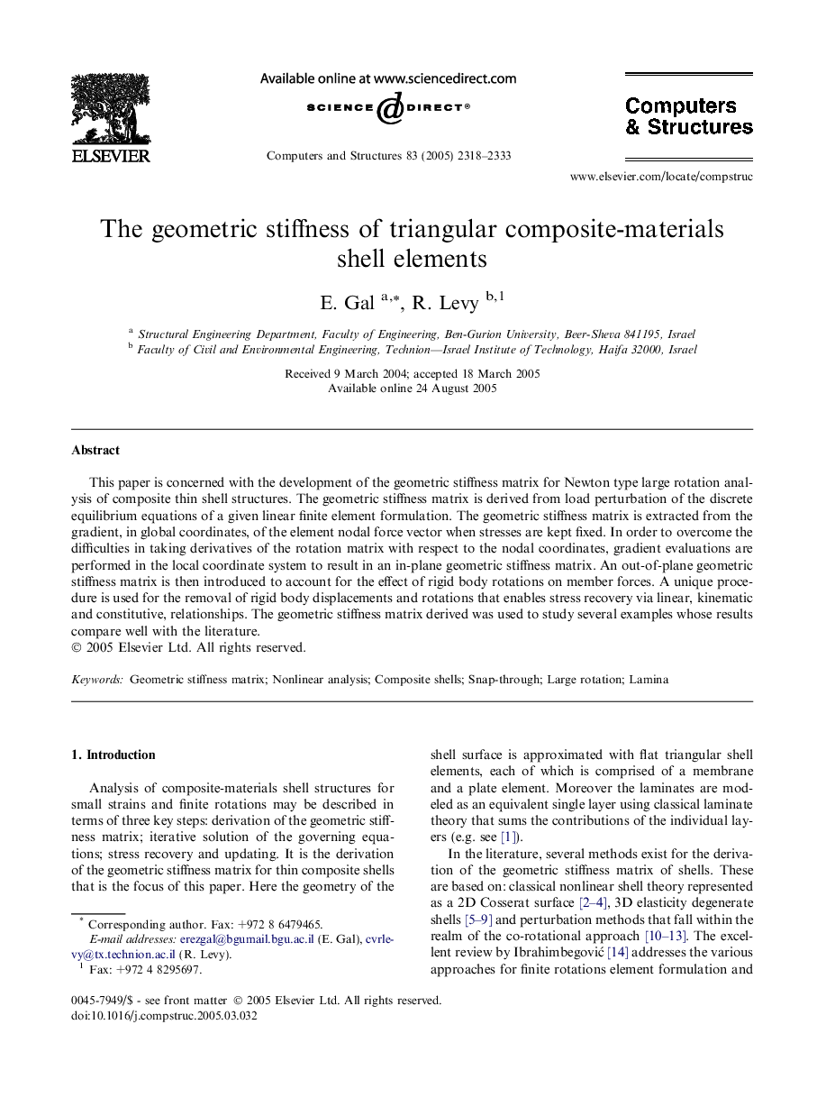 The geometric stiffness of triangular composite-materials shell elements