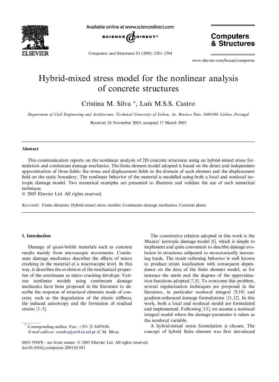 Hybrid-mixed stress model for the nonlinear analysis of concrete structures