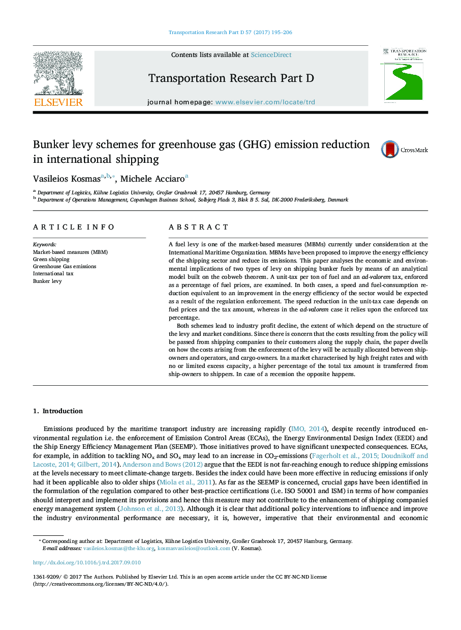 Bunker levy schemes for greenhouse gas (GHG) emission reduction in international shipping