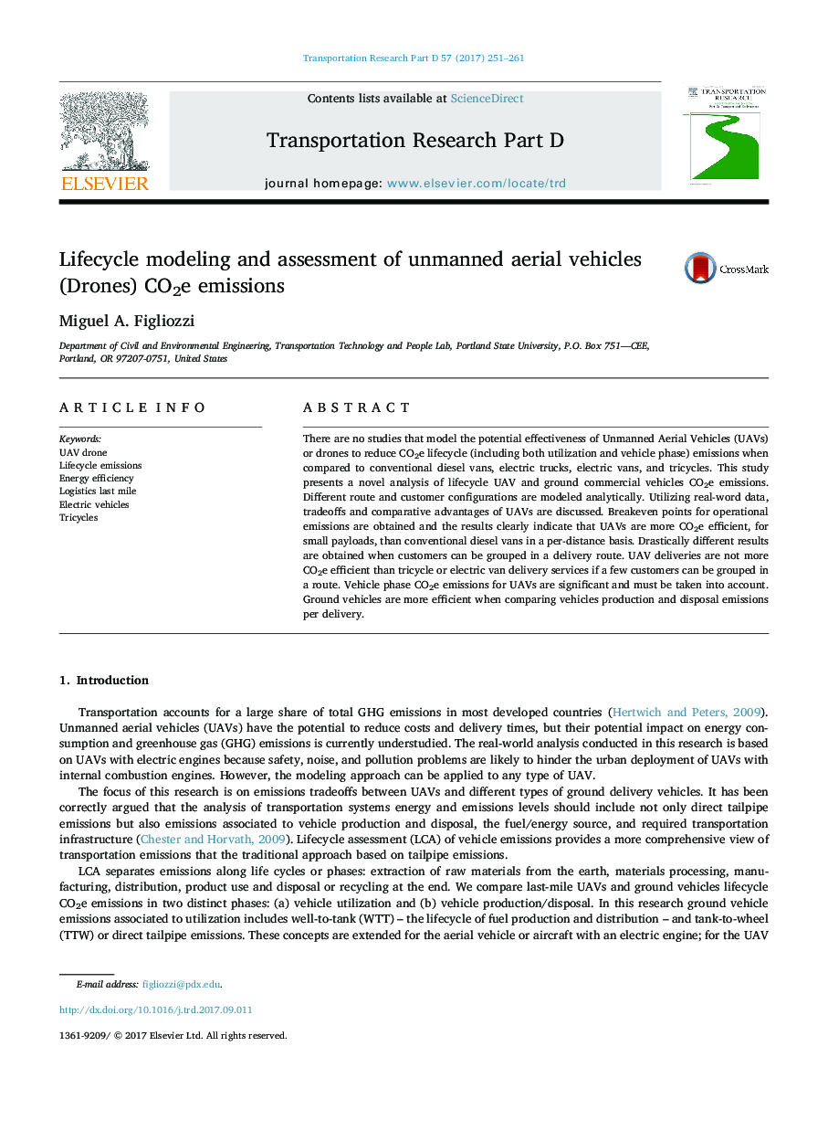 Lifecycle modeling and assessment of unmanned aerial vehicles (Drones) CO2e emissions