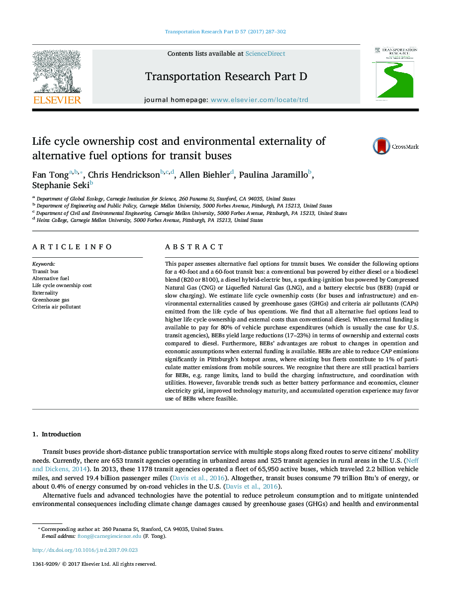 Life cycle ownership cost and environmental externality of alternative fuel options for transit buses