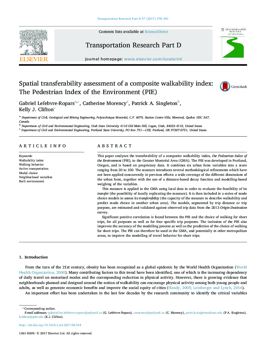 Spatial transferability assessment of a composite walkability index: The Pedestrian Index of the Environment (PIE)
