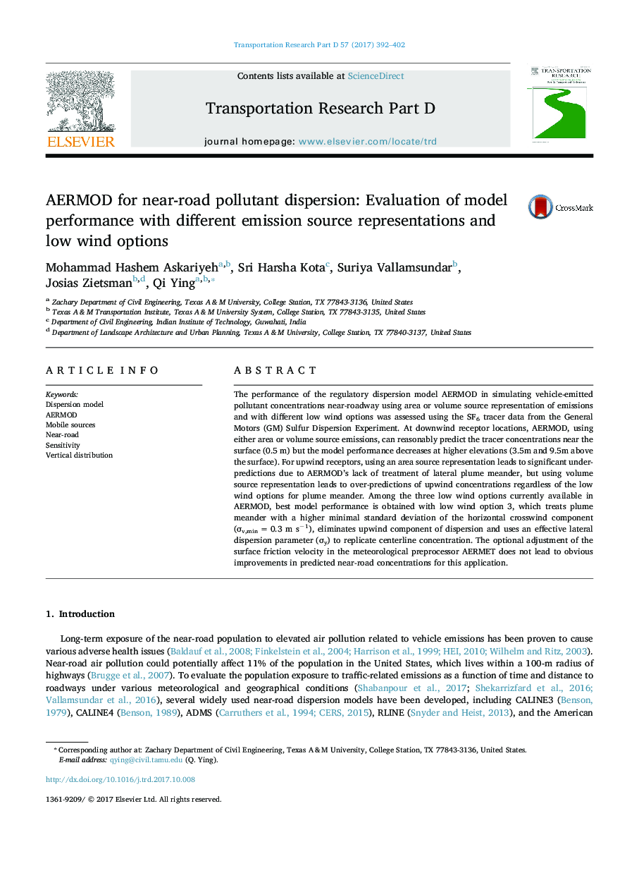 AERMOD for near-road pollutant dispersion: Evaluation of model performance with different emission source representations and low wind options