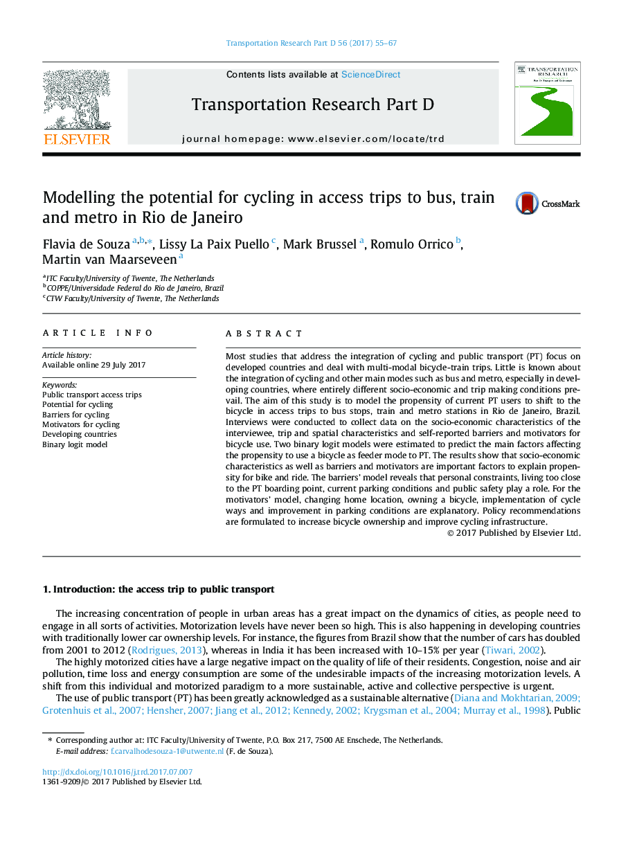 Modelling the potential for cycling in access trips to bus, train and metro in Rio de Janeiro