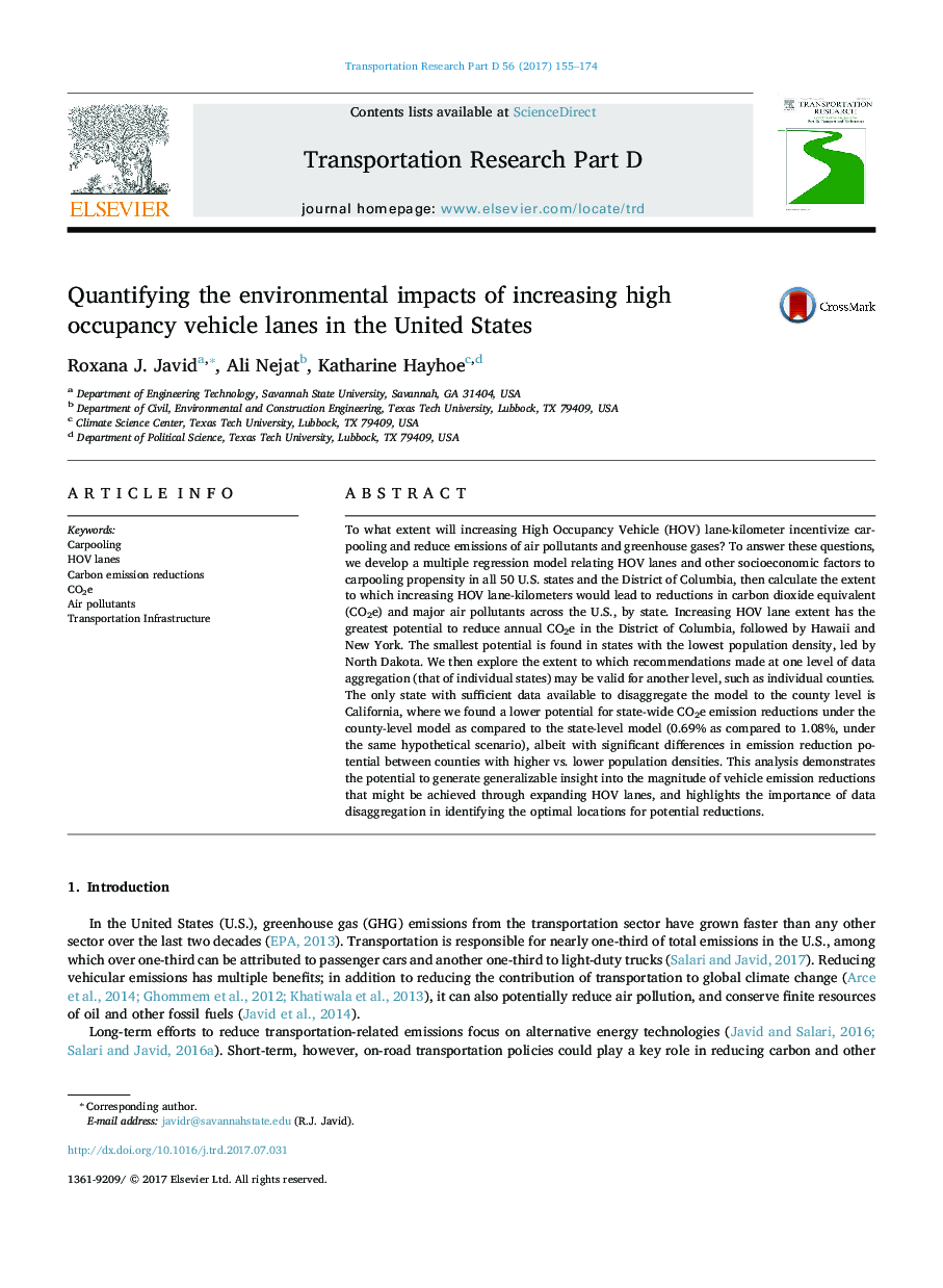 Quantifying the environmental impacts of increasing high occupancy vehicle lanes in the United States