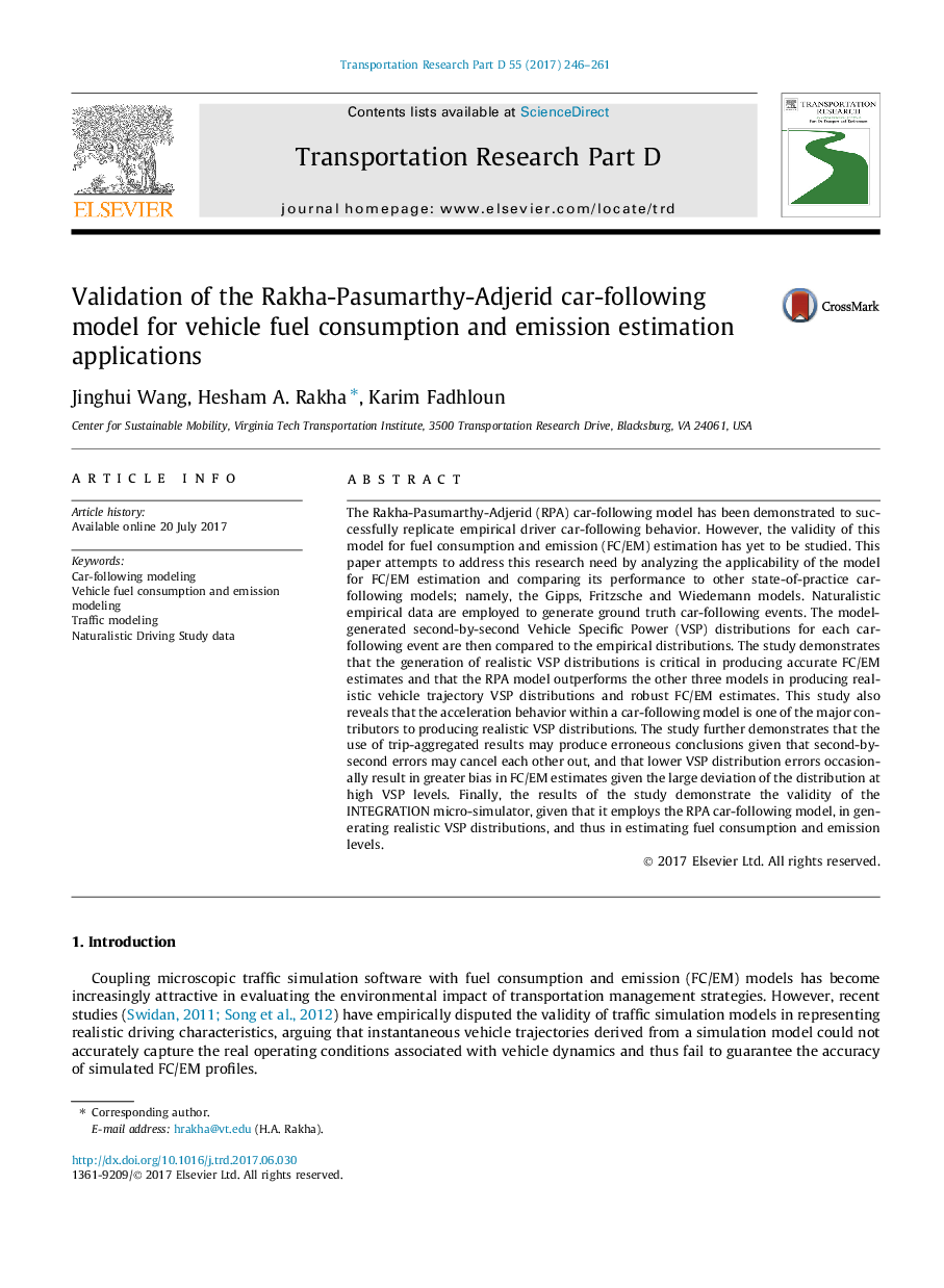 Validation of the Rakha-Pasumarthy-Adjerid car-following model for vehicle fuel consumption and emission estimation applications