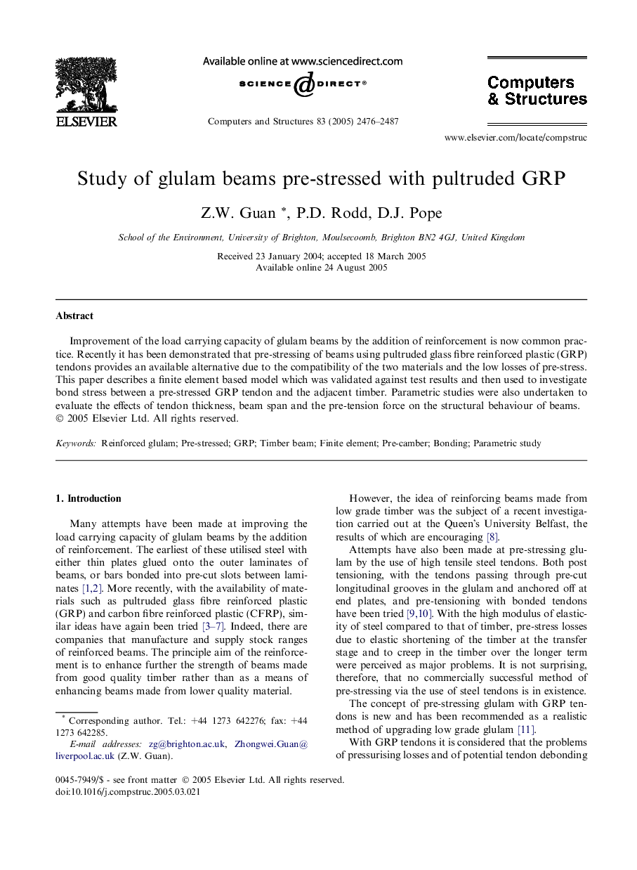 Study of glulam beams pre-stressed with pultruded GRP