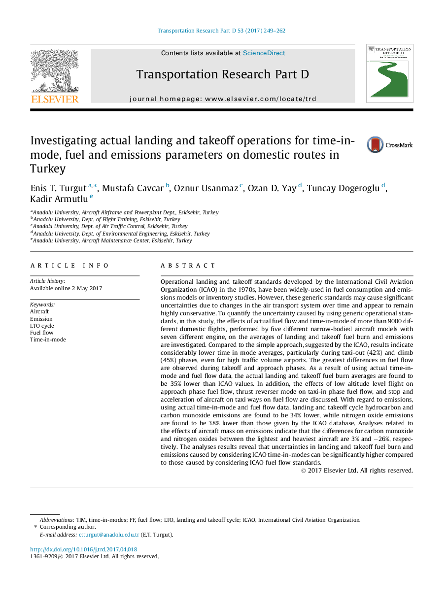 بررسی عملیات فرود و برداشت واقعی برای زمان-در-حالت، سوخت و پارامترهای انتشار در مسیرهای داخلی در ترکیه 