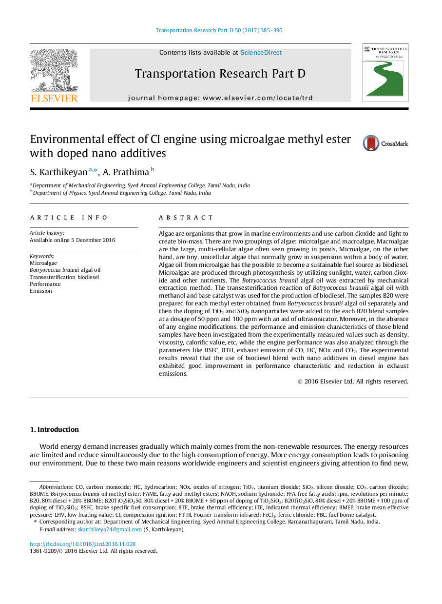 Environmental effect of CI engine using microalgae methyl ester with doped nano additives