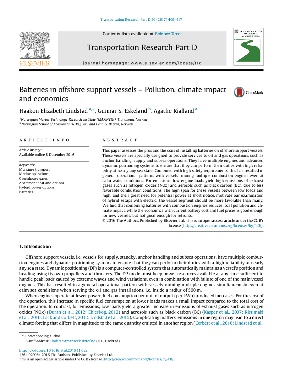 Batteries in offshore support vessels - Pollution, climate impact and economics