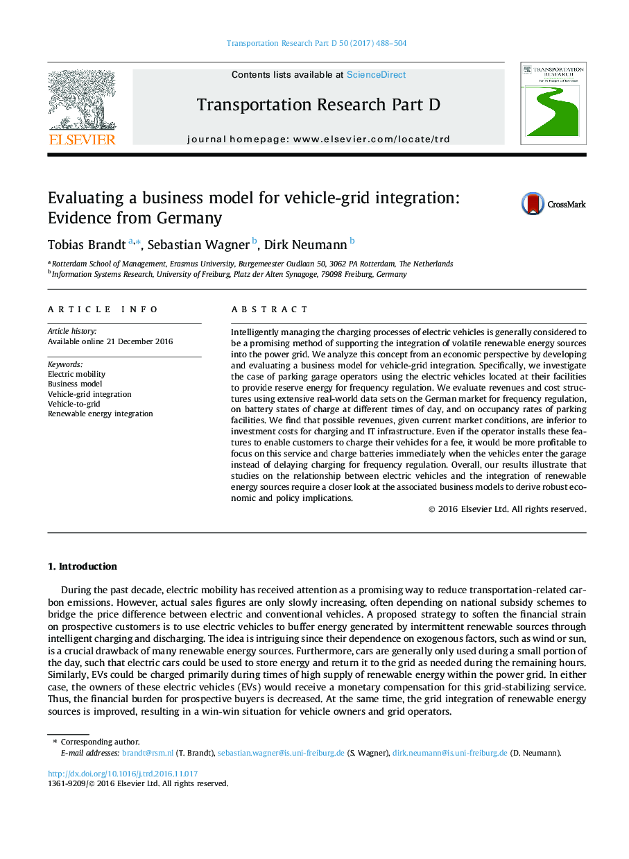 Evaluating a business model for vehicle-grid integration: Evidence from Germany