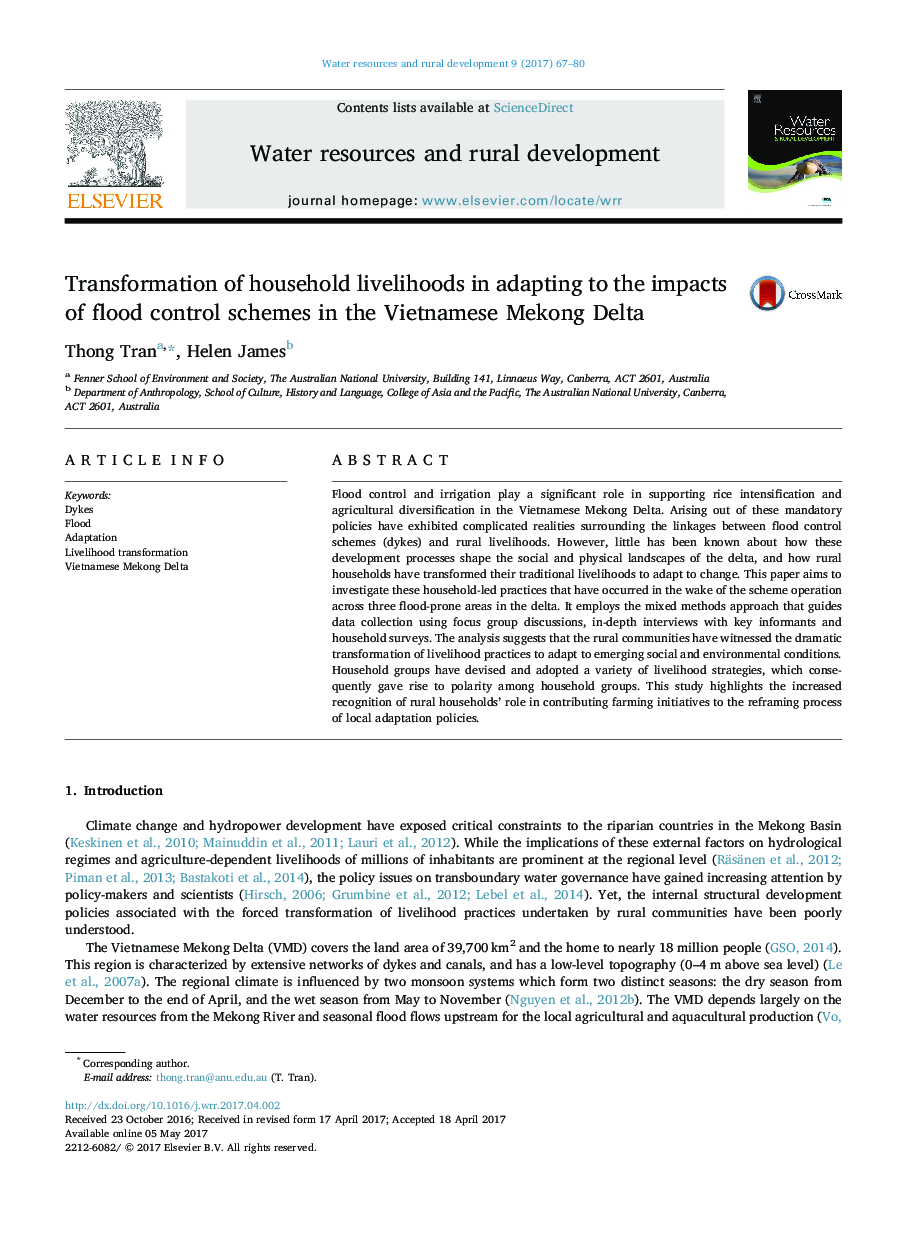Transformation of household livelihoods in adapting to the impacts of flood control schemes in the Vietnamese Mekong Delta