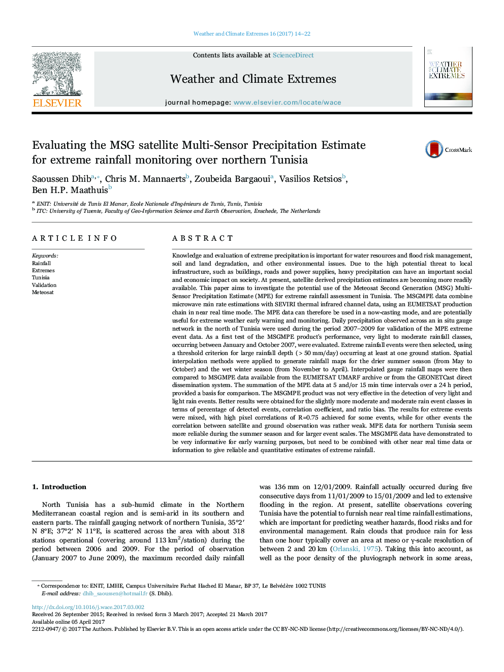 Evaluating the MSG satellite Multi-Sensor Precipitation Estimate for extreme rainfall monitoring over northern Tunisia