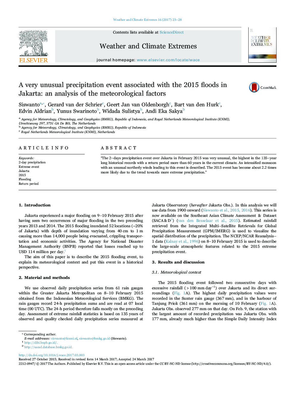 A very unusual precipitation event associated with the 2015 floods in Jakarta: an analysis of the meteorological factors