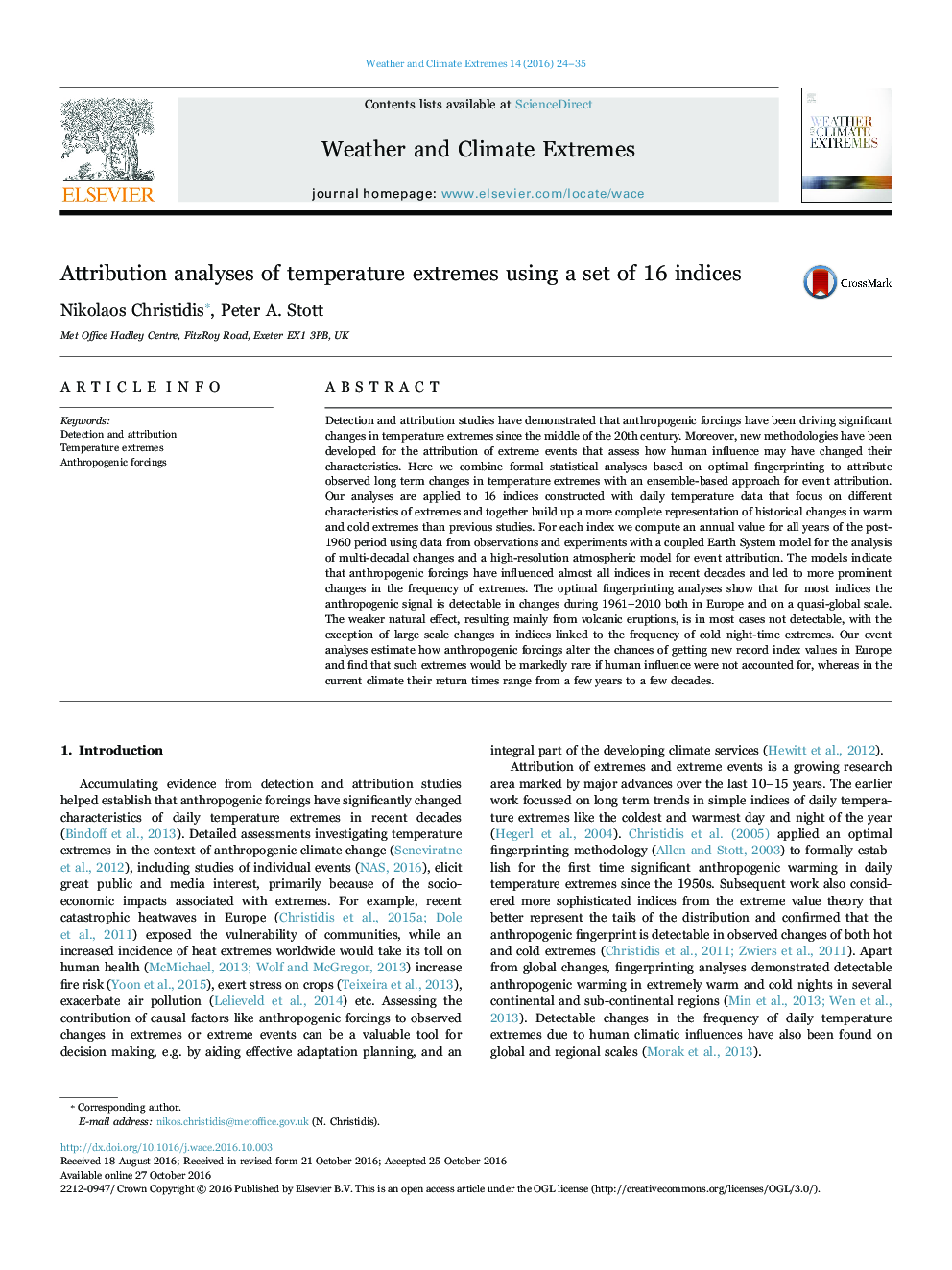 Attribution analyses of temperature extremes using a set of 16 indices