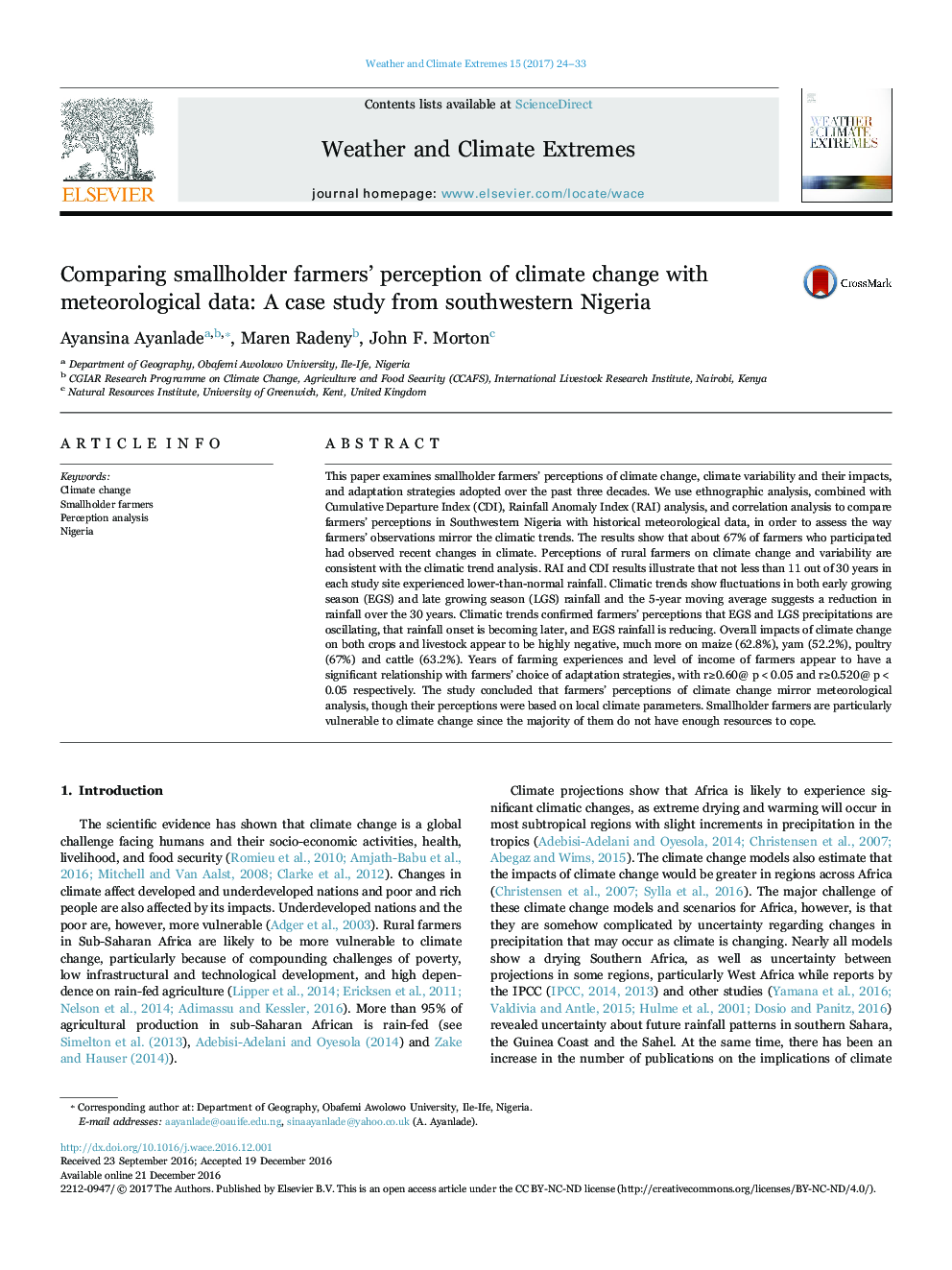 Comparing smallholder farmers' perception of climate change with meteorological data: A case study from southwestern Nigeria