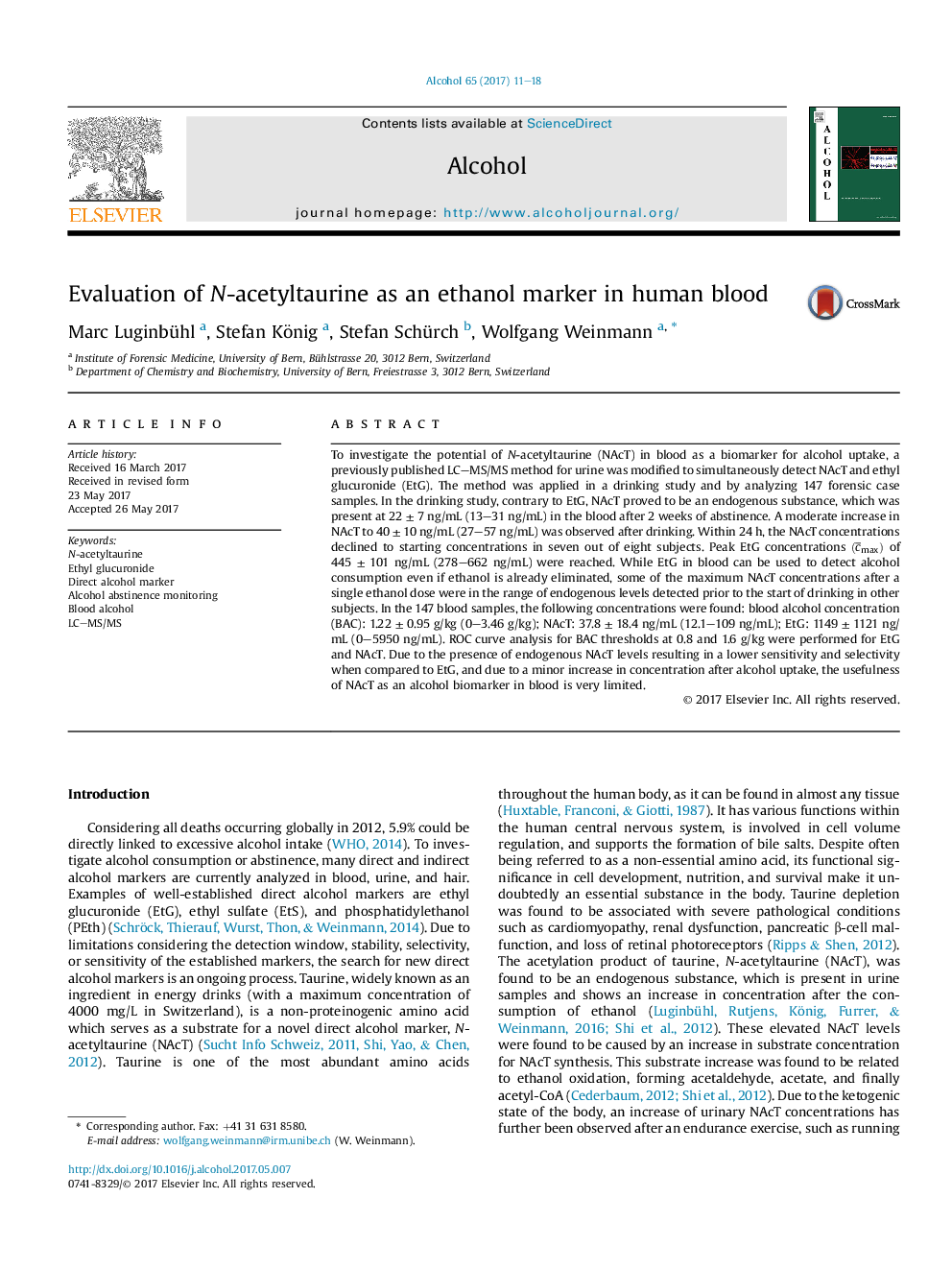 Evaluation of N-acetyltaurine as an ethanol marker in human blood