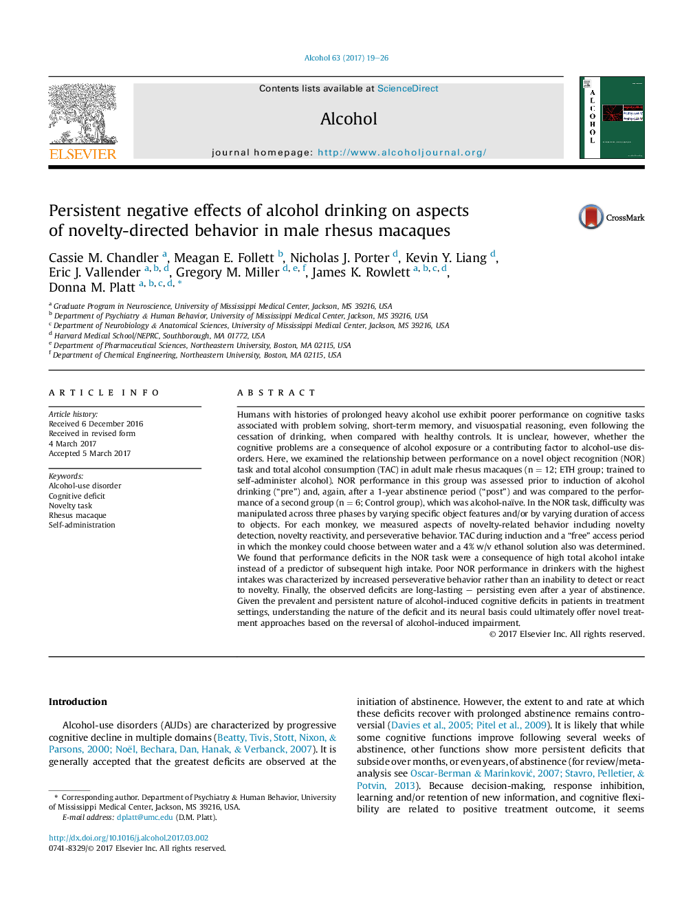 Persistent negative effects of alcohol drinking on aspects of novelty-directed behavior in male rhesus macaques