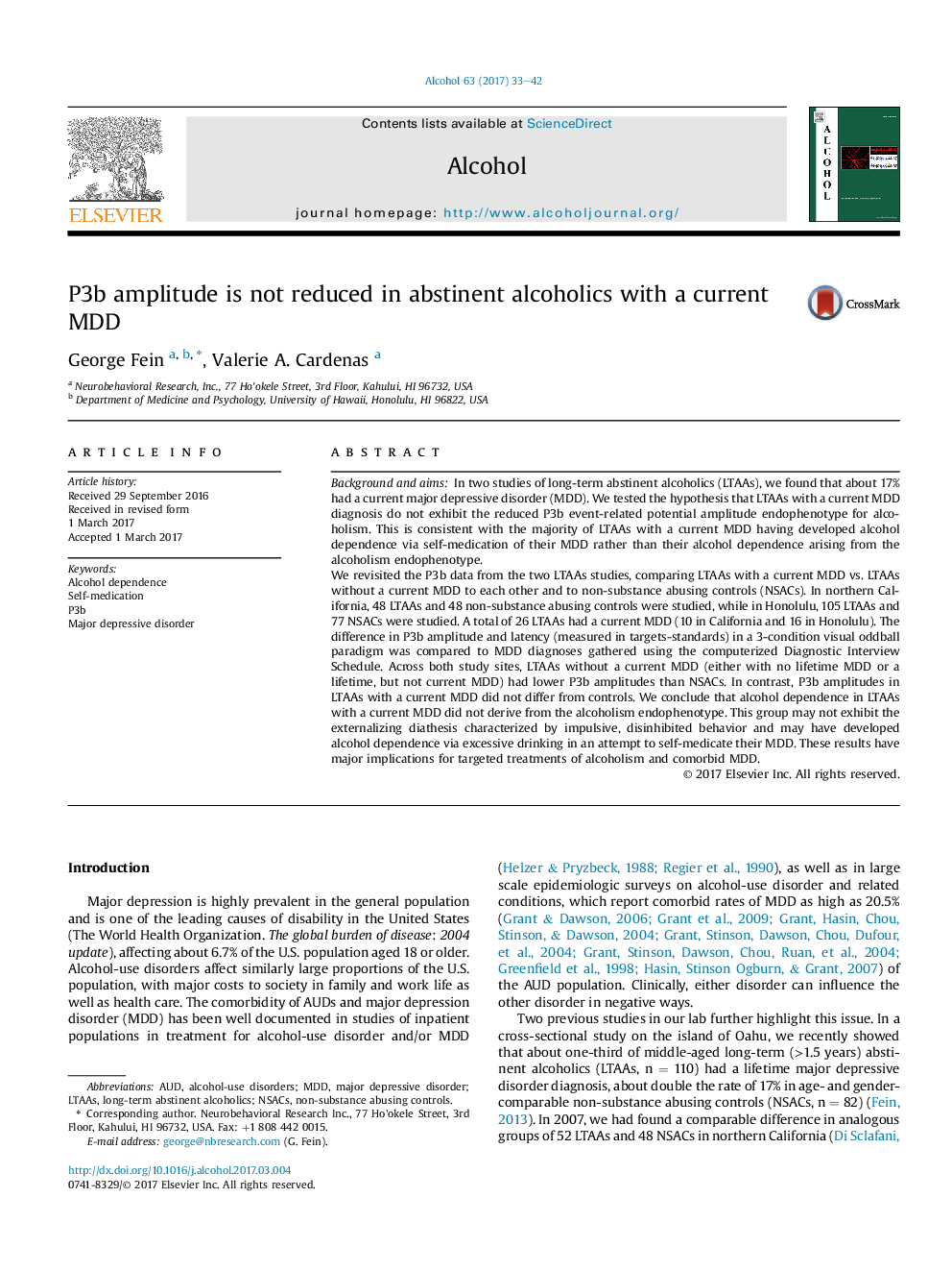 P3b amplitude is not reduced in abstinent alcoholics with a current MDD