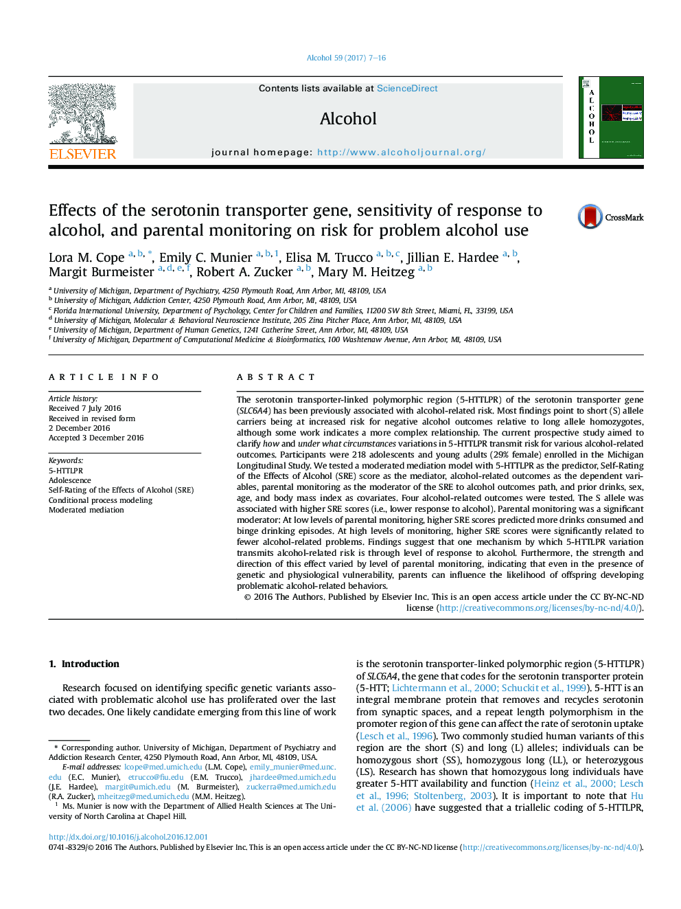 Effects of the serotonin transporter gene, sensitivity of response to alcohol, and parental monitoring on risk for problem alcohol use