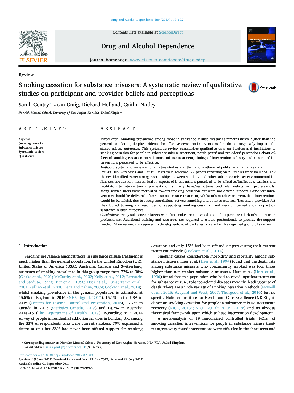 Smoking cessation for substance misusers: A systematic review of qualitative studies on participant and provider beliefs and perceptions