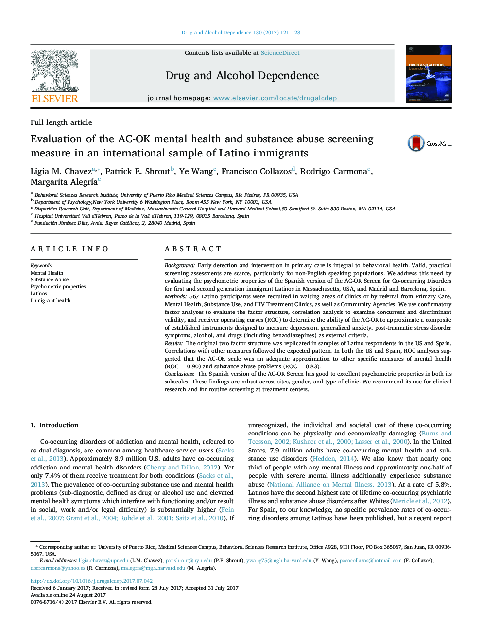 Evaluation of the AC-OK mental health and substance abuse screening measure in an international sample of Latino immigrants