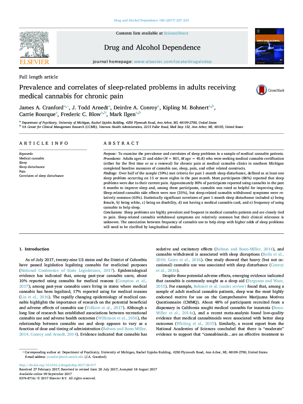 Prevalence and correlates of sleep-related problems in adults receiving medical cannabis for chronic pain