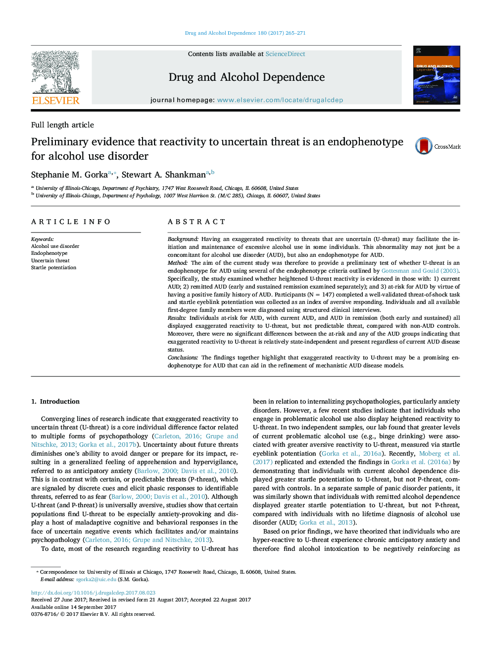 Preliminary evidence that reactivity to uncertain threat is an endophenotype for alcohol use disorder