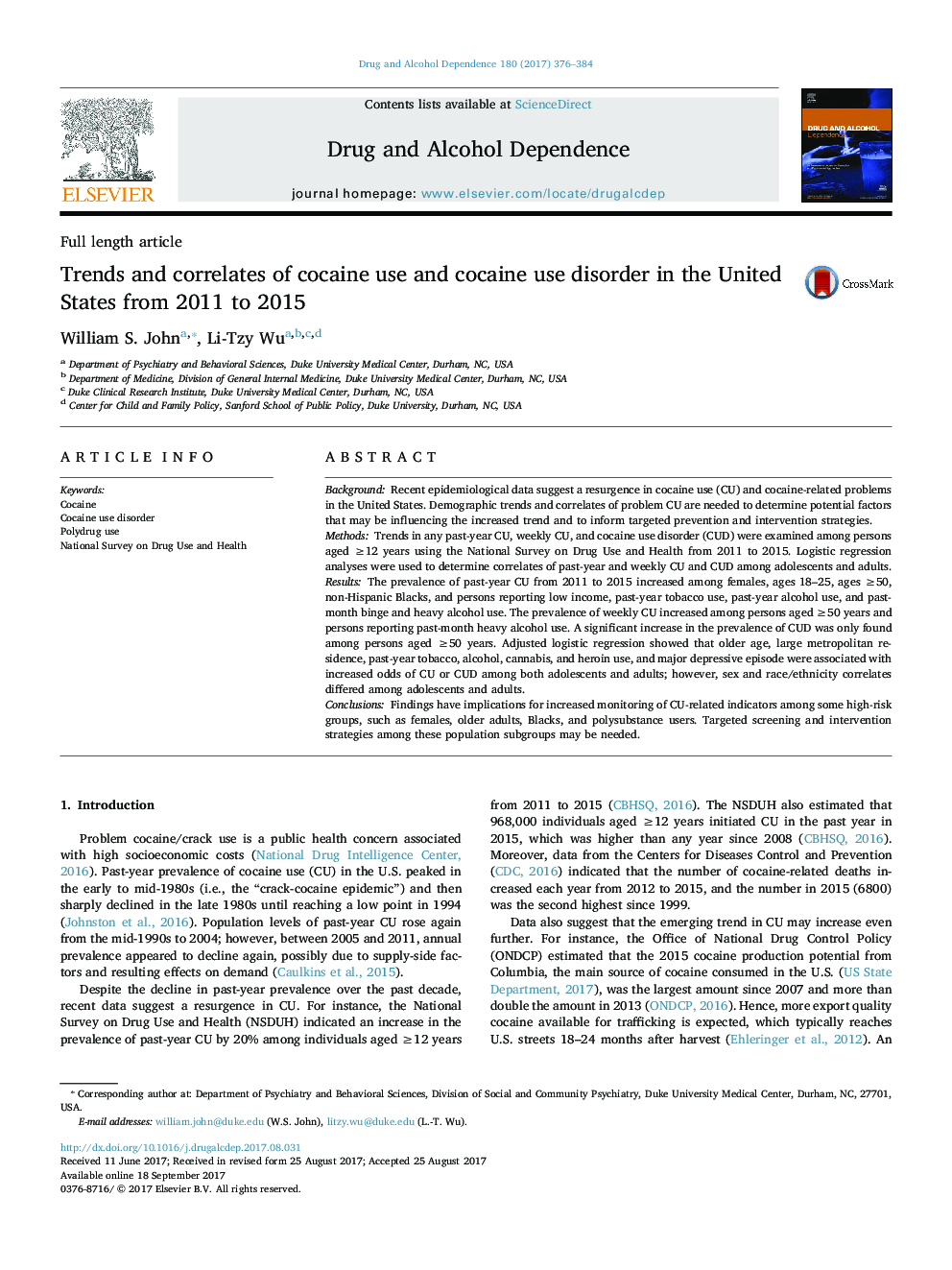 Trends and correlates of cocaine use and cocaine use disorder in the United States from 2011 to 2015