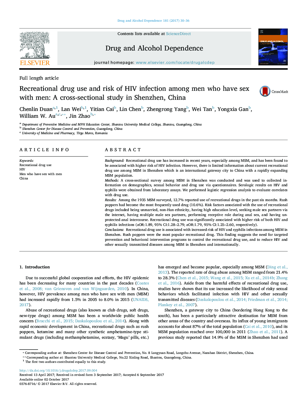 Recreational drug use and risk of HIV infection among men who have sex with men: A cross-sectional study in Shenzhen, China