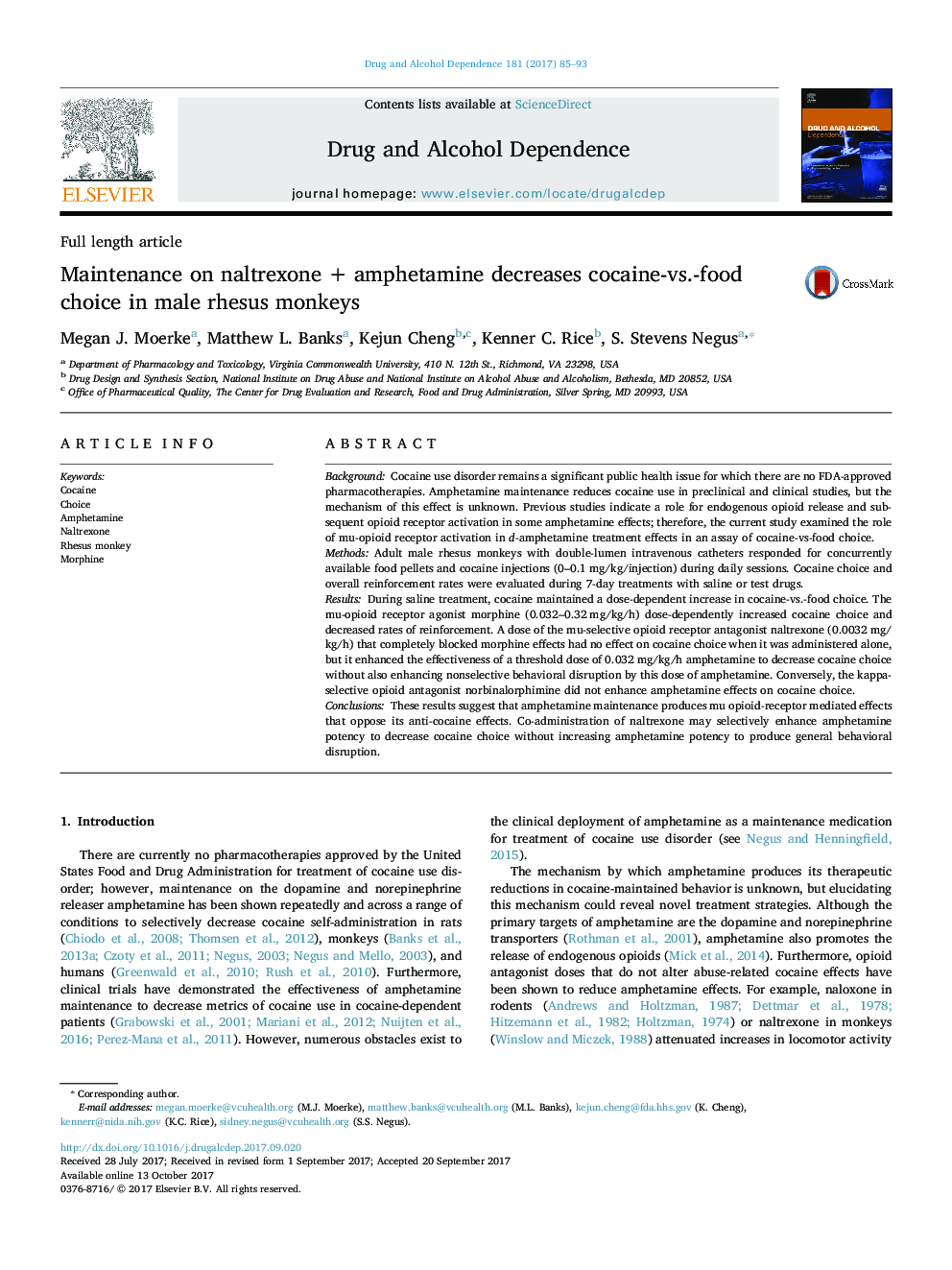 Maintenance on naltrexone + amphetamine decreases cocaine-vs.-food choice in male rhesus monkeys