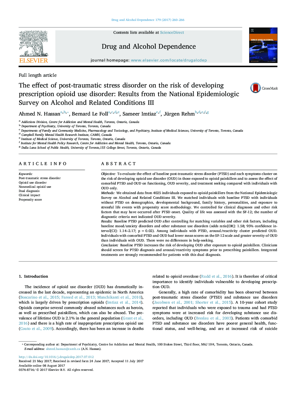 The effect of post-traumatic stress disorder on the risk of developing prescription opioid use disorder: Results from the National Epidemiologic Survey on Alcohol and Related Conditions III