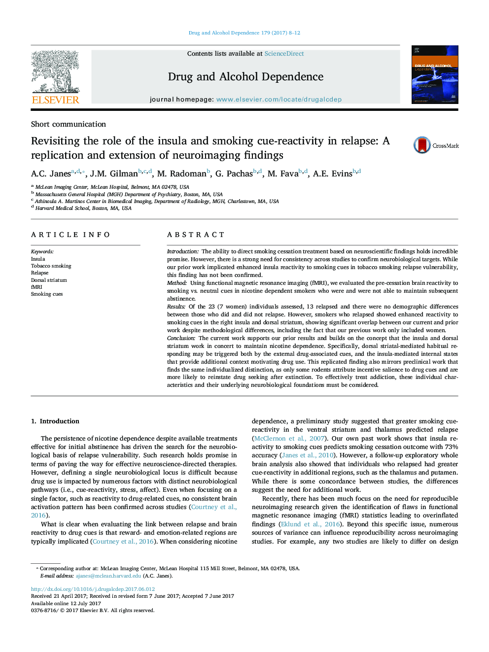 عکس صفحه اول مقاله: Revisiting the role of the insula and smoking cue-reactivity in relapse: A replication and extension of neuroimaging findings Revisiting the role of the insula and smoking cue-reactivity in relapse: A replication and extension of neuroimaging findings